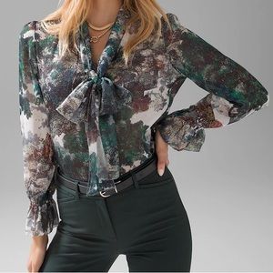 WHBM Long Sleeve Tie Neck Blouse XS